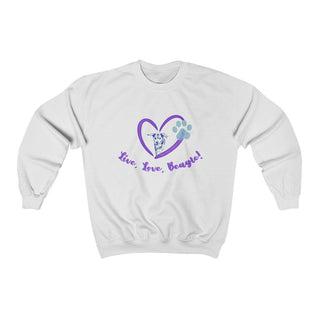 Live, Love, Beagle Crewneck Sweatshirts in White. The Live, Love, Beagle design features a dog running through a heart with the phrase "Live, Love, Beagle!" under it.