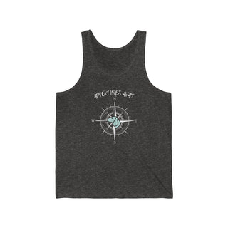 Adventures Await Unisex Jersey Tank in Charcoal Black Triblend. The front of shirt features the Adventures Await design with a dog inside a nautical compass and the words "Adventures Await" above it. The back of the shirt has similar Benefit Beagle Logo.