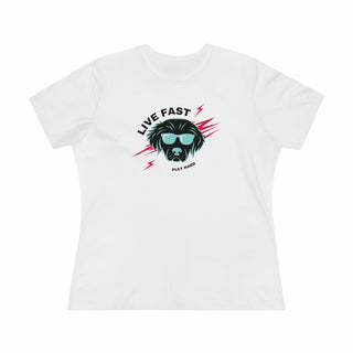 Play Hard Women's Premium Tee Shirt in White. The design features a cool dog with sunglasses and lightening bolts around it. The phrase "Live Fast, Play Hard" is around the design.