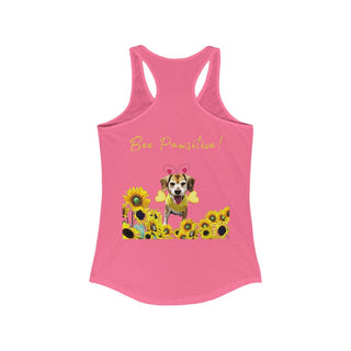 Bee Pawsitive Women's Racerback Tank in Hot Pink. Shown is back of shirt showcasing a dog dressed as as bee in a a field of sunflowers with the phrase "Bee Pawsitive!" above it. The front features the Bee Pawsitive Benefit Beagle Logo.