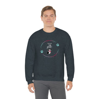 Dog Hair is my Glitter Unisex Crewneck in Dark Heather. The Dog Hair is my Glitter design features a dog with the phrase "Dog Hair is my Glitter" above it and it is surrounded by a circle with paw prints.