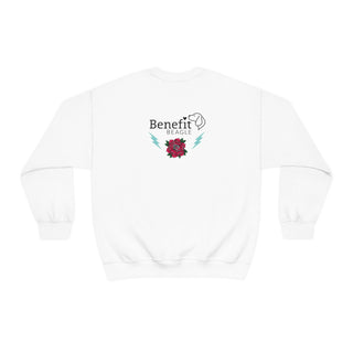 Stay Wild Unisex Heavy Blend Crewneck Sweatshirt in White.  Shown is the back of shirt with Benefit Beagle Logo complete with Tattoo Rose. On front of shirt is Stay Wild Design featuring a tattoo style rose with the phrase "Stay Wild, Play Hard" around it.