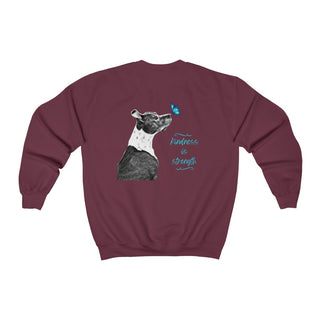 Lincoln Butterfly Unisex Crewneck Sweatshirt in Maroon. Shown is back of shirt design showcasing profile of a dog with a blue butterfly on its nose and the phrase "Kindness is Strength" next to it. The front of shirt has Benefit Beagle Logo kissed by a Butterfly.