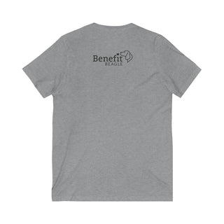 Easily Distracted Unisex Jersey Short Sleeve V-Neck Tee in Athletic Heather. Shown is back design with the classic Benefit Beagle Logo. The front design features a dog waving with the saying "Easily Distracted by Dogs" below it.