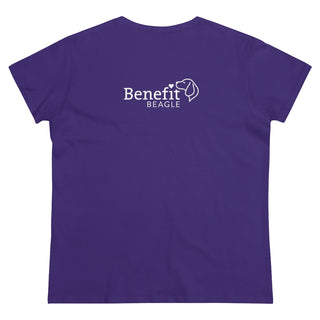 Easily Distracted Women's Midweight Cotton Tee in Team Purple. Shown is back design with the classic Benefit Beagle Logo. The front design features a dog waving with the saying "Easily Distracted by Dogs" below it.