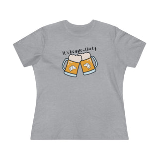 Beagle-Thirty Mugs Women's Premium Tee in Athletic Heather. The front of shirt showcases Two Dog Adorned Mugs clinking with the saying, "It's Beagle-Thirty" above it. Back of shirt features corresponding Benefit Beagle Logo.