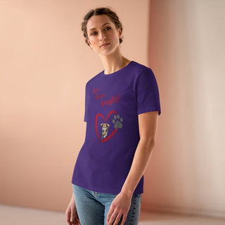 Live, Love, Beagle Women's Premium Tee in Purple. The Live, Love, Beagle design features a dog running through a heart with the phrase "Live, Love, Beagle!" above it.