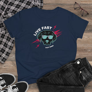 Play Hard Women's Midweight Cotton Tee shirt in Navy. The design features a cool dog with sunglasses and lightening bolts behind it. The phrase "Live Fast, Play Hard" is around the design.