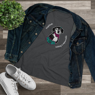 Signature Tattoo Roses Women's Premium Tee in Asphalt. Shown is front of shirt with the Signature Tattoo Roses design featuring a dog with roses around it and the phrase "Beagletude" and "Nothing is Impawssible". Back of shirt features the Benefit Beagle Logo.