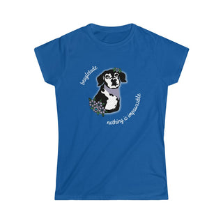 Signature Tattoo Flowers Women's Softstyle Tee in Royal. Shown is front of shirt with the Signature Tattoo Flowers design featuring a dog with flowers around it and the phrase "Beagletude" and "Nothing is Impawssible". Back of shirt features the Benefit Beagle Logo.