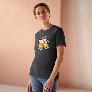 Beagle-Thirty Mugs Women's Premium Tee in Asphalt. The front of shirt showcases Two Dog Adorned Mugs clinking with the saying, "It's Beagle-Thirty" above it. Back of shirt features corresponding Benefit Beagle Logo.