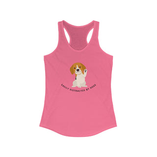 Easily Distracted Women's Racerback Tank in Hot Pink. Shown is front design featuring a dog waving with the saying "Easily Distracted by Dogs" below it. The back of shirt has the classic Benefit Beagle Logo.