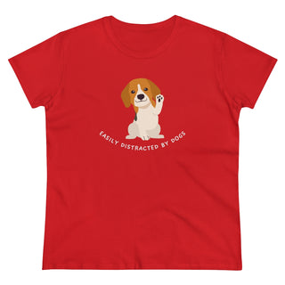 Easily Distracted Women's Midweight Cotton Tee in Red. Shown is front design featuring a dog waving with the saying "Easily Distracted by Dogs" below it. The back of shirt has the classic Benefit Beagle Logo.