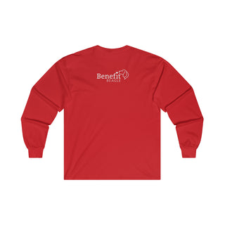 Easily Distracted Ultra Cotton Long Sleeve Tee in Red. Shown is back design with the classic Benefit Beagle Logo. The front design features a dog waving with the saying "Easily Distracted by Dogs" below it.