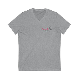 Different Pawspective Unisex V-Neck Tee in Athletic Heather. Shown is front of shirt with Benefit Beagle logo in the top corner . On the back is large colorful pawprint with the the phrase "Life is all about finding the beauty in a different pawspective" circled around it.