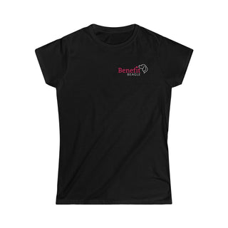 Different Pawspective Women's Softstyle Tee in Black. Shown is front of shirt with Benefit Beagle logo in the top corner . On the back is large colorful pawprint with the the phrase "Life is all about finding the beauty in a different pawspective" circled around it.