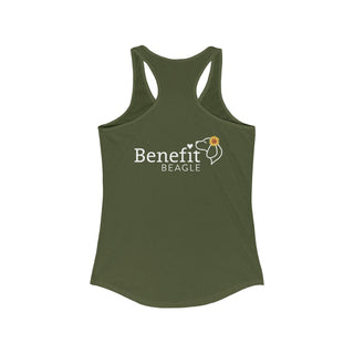 You are my Sunshine Women's Racerback Tank in Military Green. Shown is back of shirt featuring the Sunflower Benefit Beagle Logo. The front showcases a sunflower which is split down the middle and half is made out of paw prints. Underneath is the phrase "You are my Sunshine".