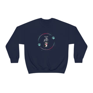 Dog Hair is my Glitter Unisex Crewneck in Navy. The Dog Hair is my Glitter design features a dog with the phrase "Dog Hair is my Glitter" above it and it is surrounded by a circle with paw prints.