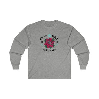 Stay Wild Ultra Cotton Long Sleeve Tee in Sport Grey. The Stay Wild Design features a tattoo style rose with the phrase "Stay Wild, Play Hard" around it. The back of shirt features the Stay Wild Benefit Beagle Logo Design.