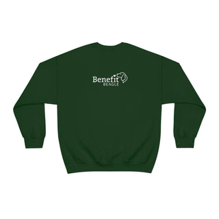 Easily Distracted Unisex Heavy Blend Crewneck Sweatshirt in Forest Green. Shown is back design with the classic Benefit Beagle Logo. The front design features a dog waving with the saying "Easily Distracted by Dogs" below it.