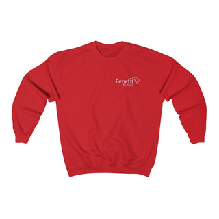 Live in the Moment Crewneck Sweatshirt in Red. The Live in the Moment design features the Benefit Beagle logo in the top corner of the garment.