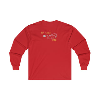 Beagle-Thirty Mugs Unisex Ultra Cotton Long Sleeve Tee in Red. Shown is back of shirt featuring "Beagle-Thirty" Benefit Beagle Logo. The front Showcases Two Dog Adorned Mugs clinking with, "It's Beagle- Thirty" written above it.