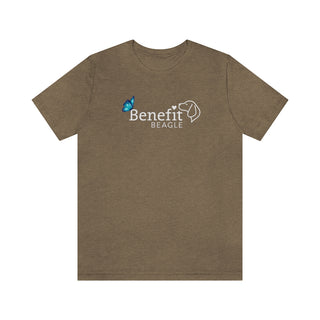 Lincoln Butterfly Unisex Jersey Short Sleeve Tee in Olive. Shown is the front of shirt with Benefit Beagle Logo kissed by butterfly. The back of shirt showcases profile of a dog with a blue butterfly on its nose and the phrase "Kindness is Strength" next to it.