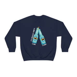 Beagle-Thirty Bottles Unisex Heavy Blend Crewneck Sweatshirt in Navy. The front of shirt showcases Two Paw Labeled Bottles clinking with the saying, "It's Beagle-Thirty". Back of shirt features corresponding Benefit Beagle Logo.