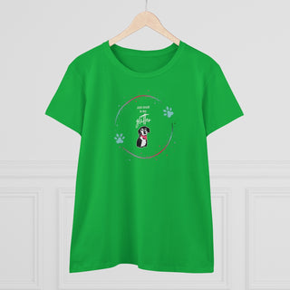 Dog Hair is my Glitter Women's Midweight Cotton Tee in Irish Green. The Dog Hair is my Glitter design features a dog with the phrase "Dog Hair is my Glitter" above it and it is surrounded by a circle with paw prints.