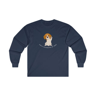 Easily Distracted Ultra Cotton Long Sleeve Tee in Navy. Shown is front design featuring a dog waving with the saying "Easily Distracted by Dogs" below it. The back of shirt has the classic Benefit Beagle Logo.