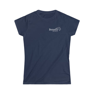 Live in the Moment Women's Softstyle Tee in Navy. The Live in the Moment design features the Benefit Beagle logo in the top corner of the garment.