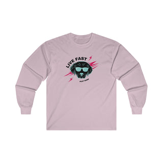 Play Hard Ultra Long Sleeve Tee in Light Pink. The design features a cool dog with sunglasses and lightening bolts around it. The phrase "Live Fast, Play Hard" is around the design.