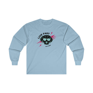 Play Hard Ultra Long Sleeve Tee in Light Blue. The design features a cool dog with sunglasses and lightening bolts around it. The phrase "Live Fast, Play Hard" is around the design.