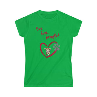 Live, Love, Beagle Women's Softstyle Tee in Irish Green. The Live, Love, Beagle design features a dog running through a heart with the phrase "Live, Love, Beagle!" above it.