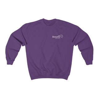 Live in the Moment Crewneck Sweatshirt in Purple. The Live in the Moment design features the Benefit Beagle logo in the top corner of the garment.