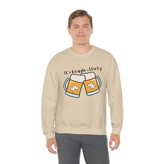 Beagle-Thirty Mugs Unisex Heavy Blend Crewneck Sweatshirt in Sand. The front of shirt showcases Two Dog Adorned Mugs clinking with the saying, "It's Beagle-Thirty" above it. Back of shirt features corresponding Benefit Beagle Logo.