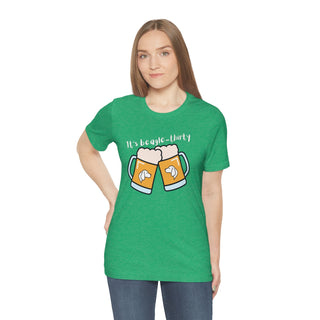 Beagle-Thirty Mugs Unisex Jersey Short Sleeve Tee in Heather Kelly. The front of shirt showcases Two Dog Adorned Mugs clinking with the saying, "It's Beagle-Thirty" above it. Back of shirt features corresponding Benefit Beagle Logo.