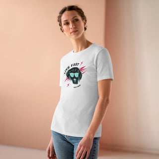 Play Hard Women's Premium Tee Shirt in White. The design features a cool dog with sunglasses and lightening bolts around it. The phrase "Live Fast, Play Hard" is around the design.