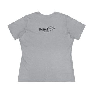 Signature Tattoo Roses Women's Premium Tee in Athletic Heather. Shown is back of shirt with the Benefit Beagle Logo. Front of shirt has the Signature Tattoo Roses design featuring a dog with roses around it and the phrase "Beagletude" and "Nothing is Impawssible".