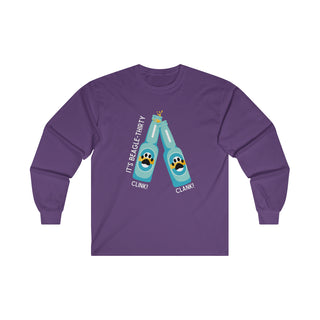 Beagle-Thirty Bottles Unisex Ultra Cotton Long Sleeve Tee in Purple. The front of shirt showcases Two Paw Labeled Bottles clinking with the saying, "It's Beagle-Thirty". Back of shirt features corresponding Benefit Beagle Logo.