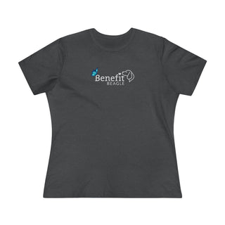 Lincoln Butterfly Women's Premium Tee in Asphalt. Shown is the front of shirt with Benefit Beagle Logo kissed by butterfly. The back of shirt showcases profile of a dog with a blue butterfly on its nose and the phrase "Kindness is Strength" next to it.