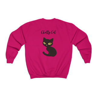 Meow Unisex Crewneck Sweatshirt in Heliconia Pink. Shown is back showcasing a wide eyed black cartoon cat with the phrase "Chatty Cat" above it. On front of shirt is the Benefit Beagle Logo featuring a peeping cat.