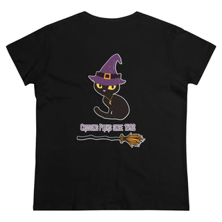 A slightly more fitted take of a classic short sleeve cotton tee. This contoured silhouette is made out of a soft, light cotton. Back side shown in Black with Wide Eyed Cartoon Cat wearing Purple Hat Standing over Broom. "Crossing Paths Since 1692". On the front of shirt is similar Witchy Benefit Beagle Logo. Purrfect for Halloween, or anytime!