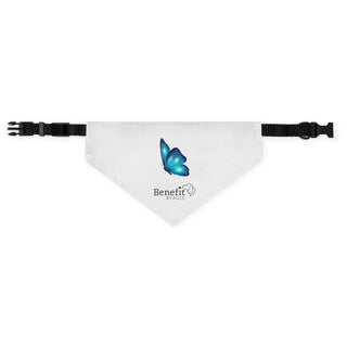 Lincoln Butterfly Dog Collar Bandana in White. The Lincoln Butterfly design features the Benefit Beagle logo with a blue butterfly above it. Comes with adjustable black collar.