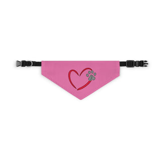 Live, Love, Beagle Dog Collar Bandana in Pink. The Live, Love, Beagle design features a heart with a paw print. Comes with black adjustable collar.