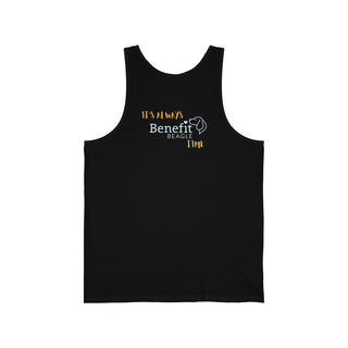 Beagle-Thirty Mugs Unisex Jersey Tank in  Black. Shown is back of shirt featuring "Beagle-Thirty" Benefit Beagle Logo. The front Showcases Two Dog Adorned Mugs clinking with, "It's Beagle- Thirty" written above it.