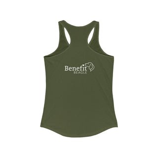 Signature Tattoo Roses Women's Ideal Racerback Tank in Military Green. Shown is back of shirt with the Benefit Beagle Logo. Front of shirt has the Signature Tattoo Roses design featuring a dog with roses around it and the phrase "Beagletude" and "Nothing is Impawssible"