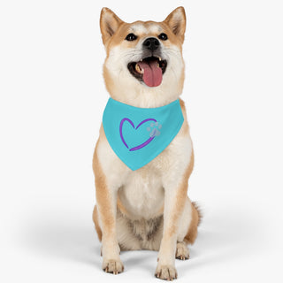 Dog wearing the Live, Love, Beagle Dog Collar Bandana in Blue. The Live, Love, Beagle design features a heart with a paw print. Comes with black adjustable collar.