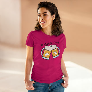 Beagle-Thirty Mugs Women's Midweight Cotton Tee in Heliconia Pink. The front of shirt showcases Two Dog Adorned Mugs clinking with the saying, "It's Beagle-Thirty" above it. Back of shirt features corresponding Benefit Beagle Logo.