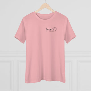 Live in the Moment Women's Premium Tee in Pink. The Live in the Moment design features the Benefit Beagle logo in the top corner of the garment.